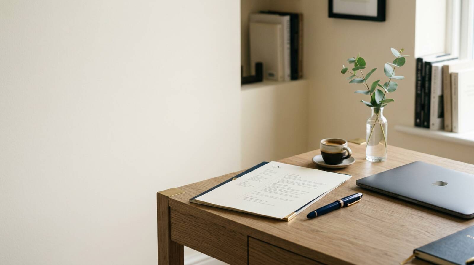 A tidy oak writing desk with a printed CV, a fountain pen, a laptop and a cup of coffee